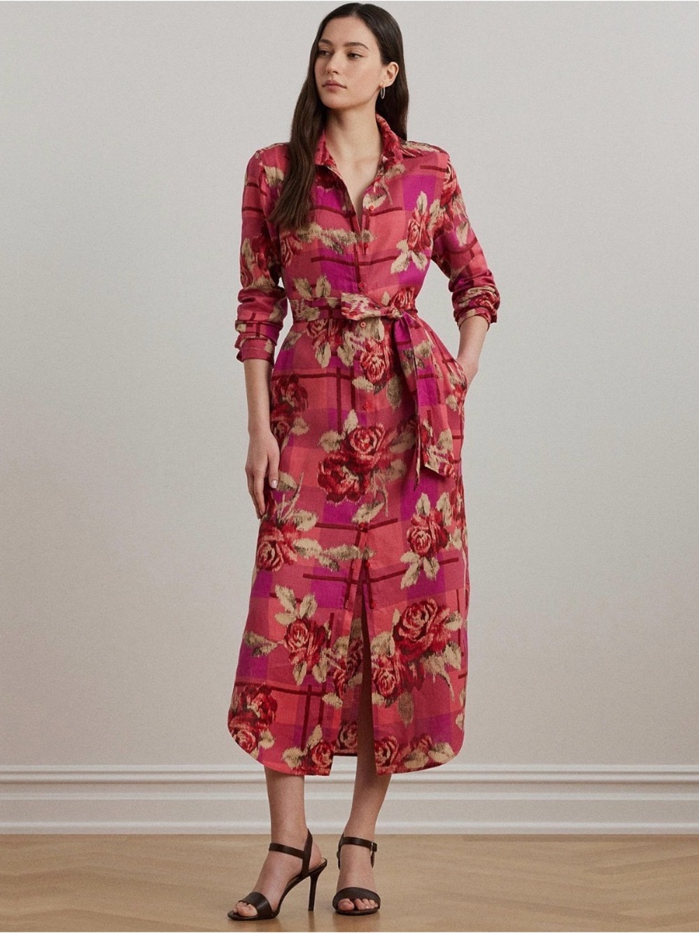 Lauren Ralph Lauren Women's Floral Checked Linen Shirtdress Size 4